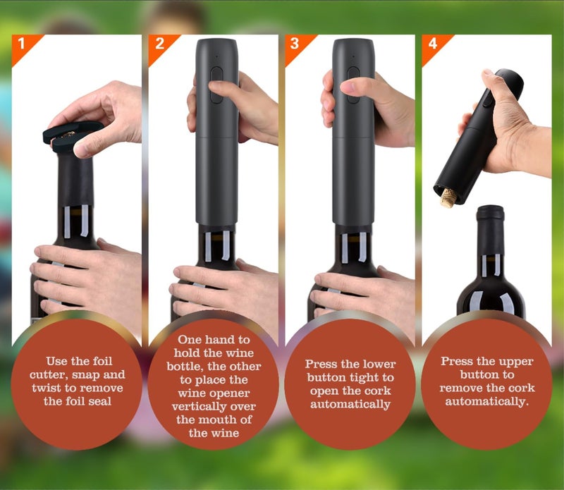 VGY Rechargeable Electric Wine Opener, 5 in 1 set with Automatic Electric Wine Bottle Corkscrew Opener, Foil Cutter, Vacuum Stopper, Wine Pourer and Storage Charging Stand - Image 2